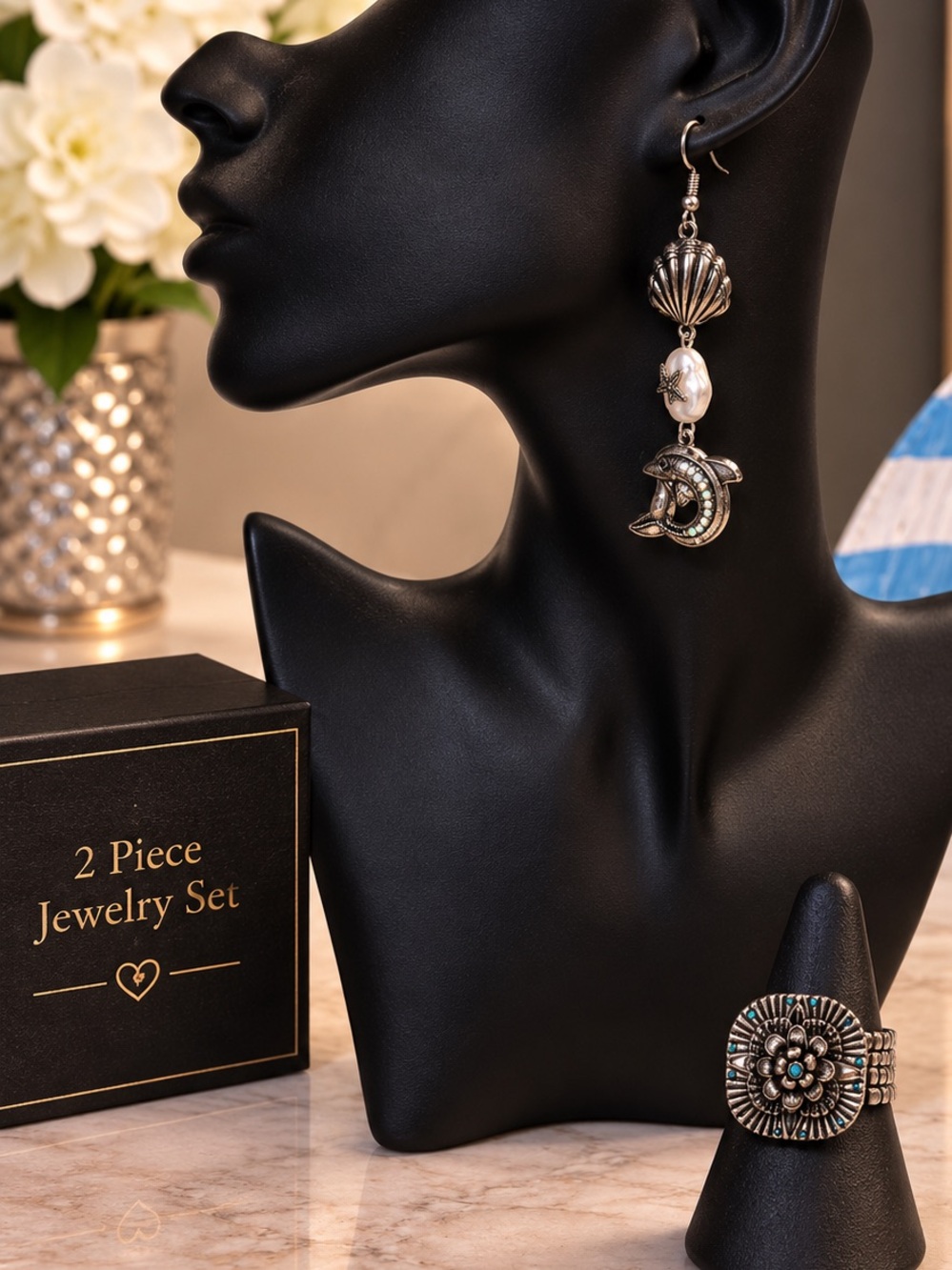Silver-Tone Seashell & Dolphin Drop Earrings with Pearl Accent - Women Jewelry